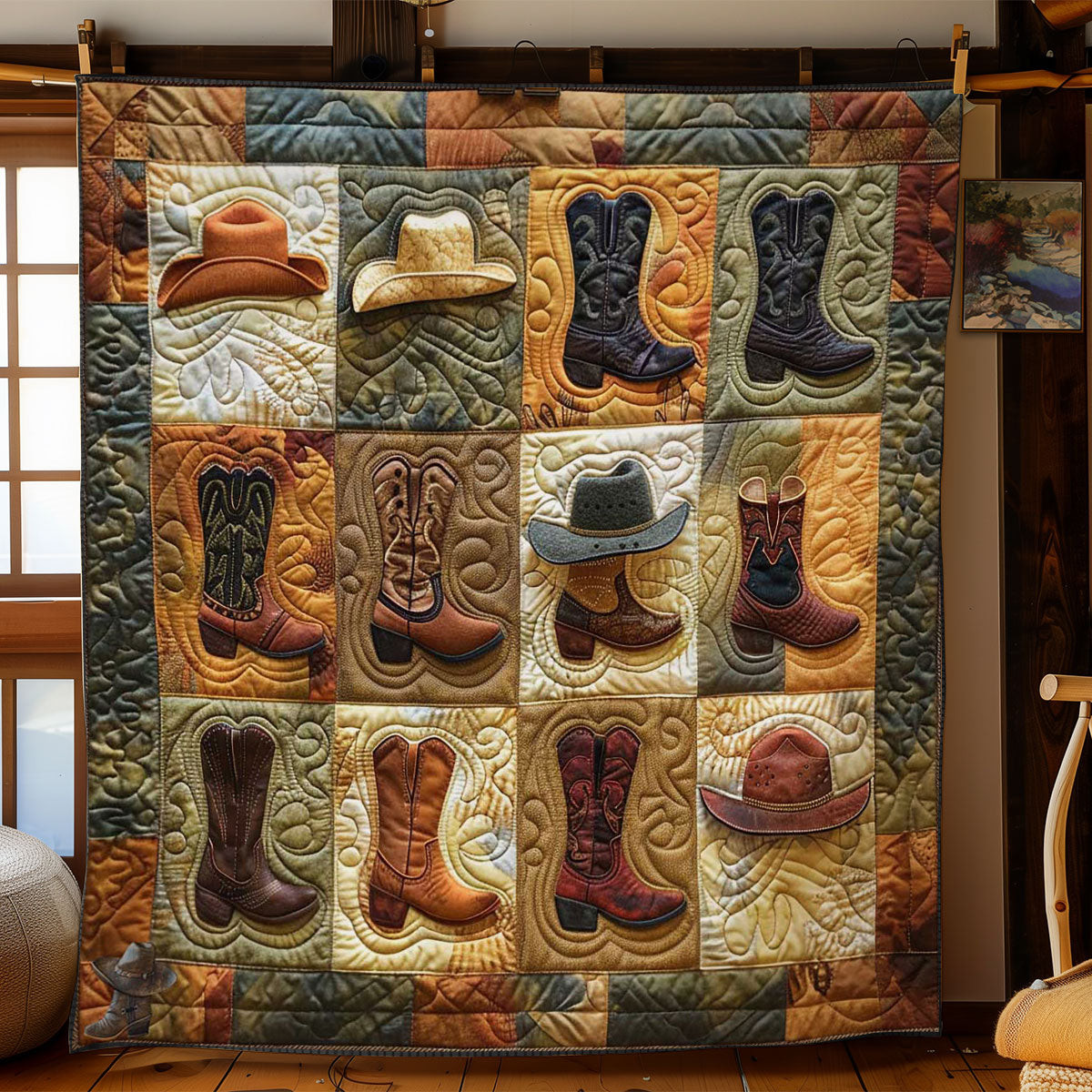 Vintage Boot And Hat Xmas Quilted Blanket Blanket Cowboy Gifts Ideas For Him