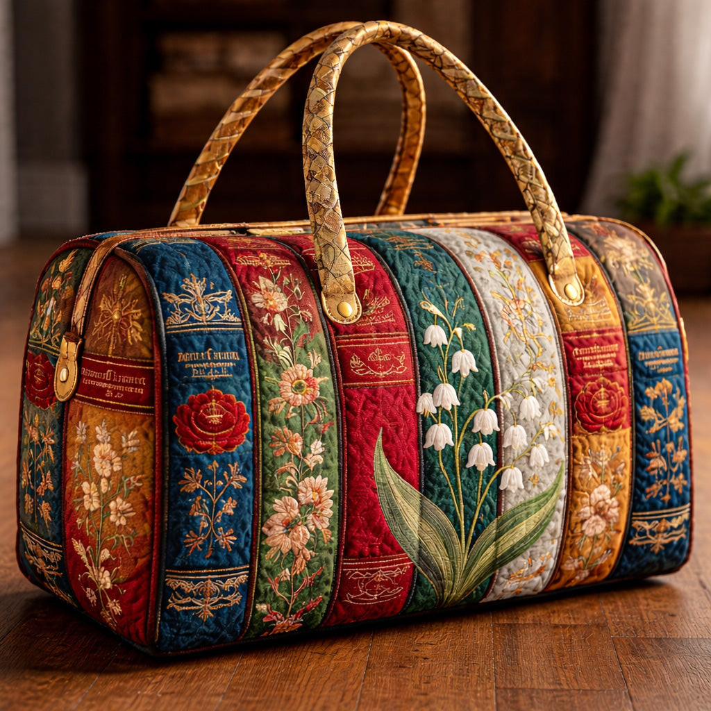 Vintage Botanical Book Quilted Duffle Bag Gold Lily Floral Archive Best Gift For Her