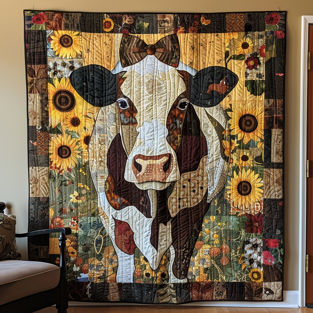 Vintage Bowtie Cow Quilted Blanket Presents For Cow Lovers