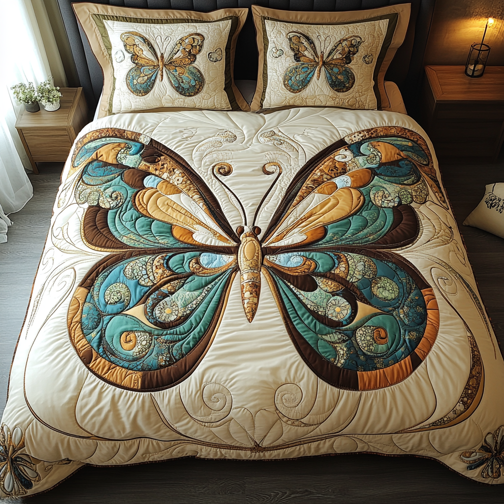 Vintage Butterfly Glow Quilted Bedding Set Cozy Bedroom Decor Presents For Butterfly Lovers Women
