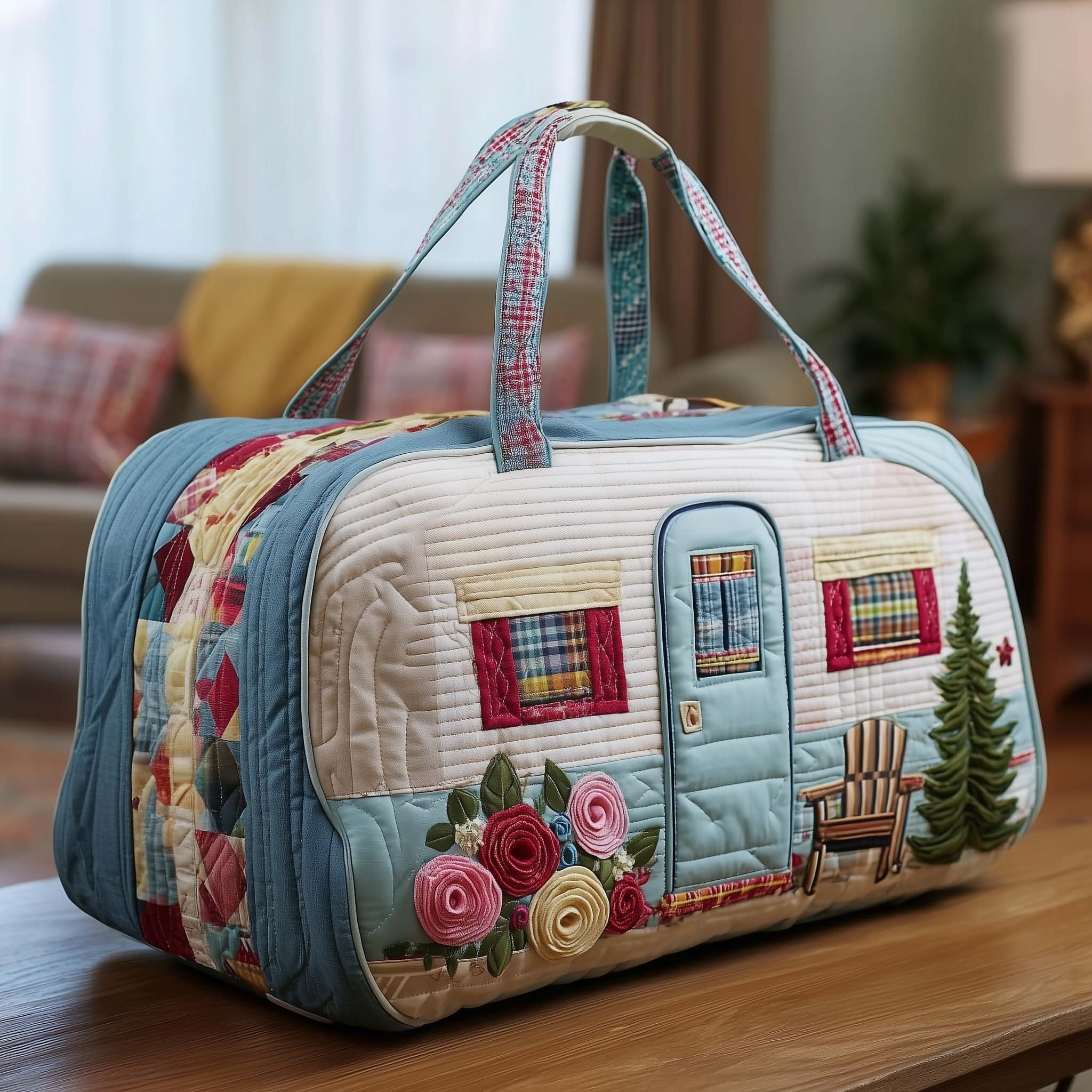 Vintage Camper Quilted Duffle Bag Blue Floral Rose Pine Trees Camping Gift Ideas