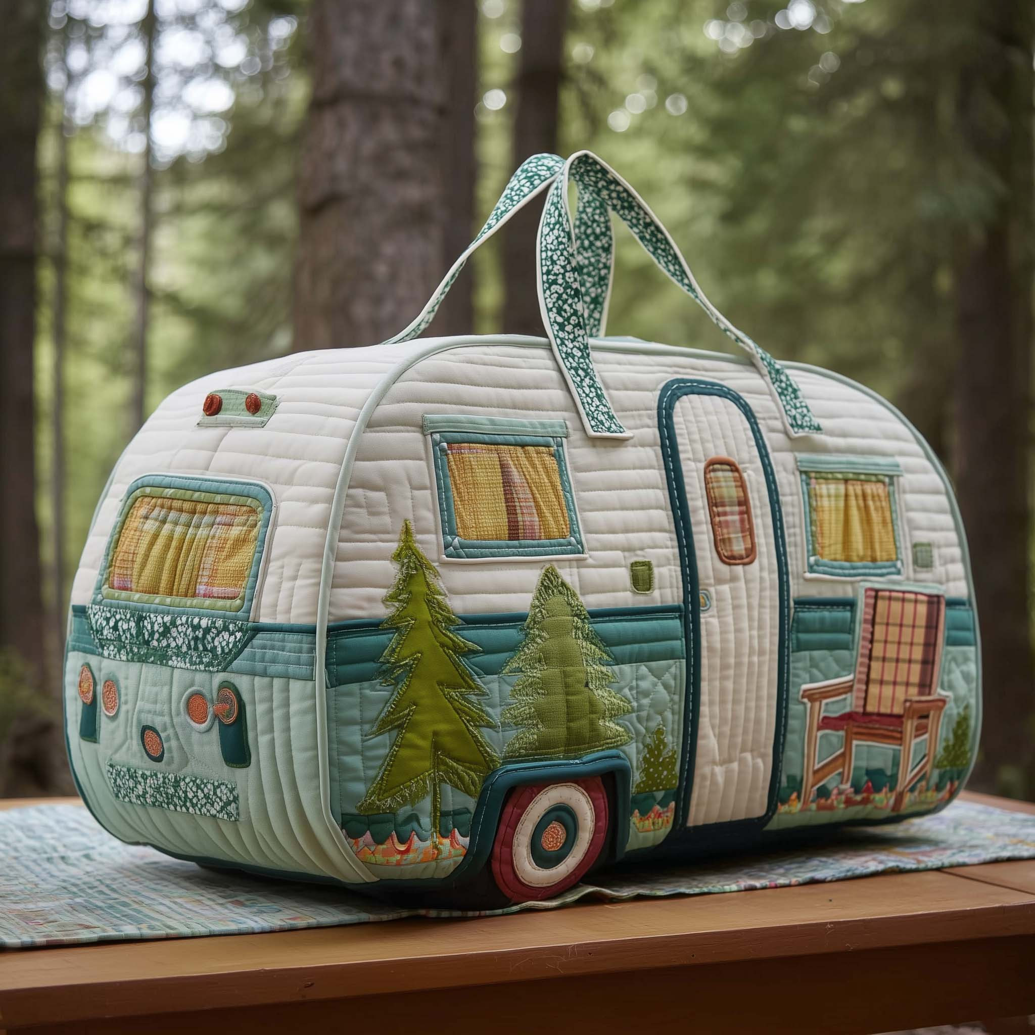 Vintage Camper Quilted Duffle Bag Forest Green Pine Tree Rocking Chair Travel Bag Gift For Campers