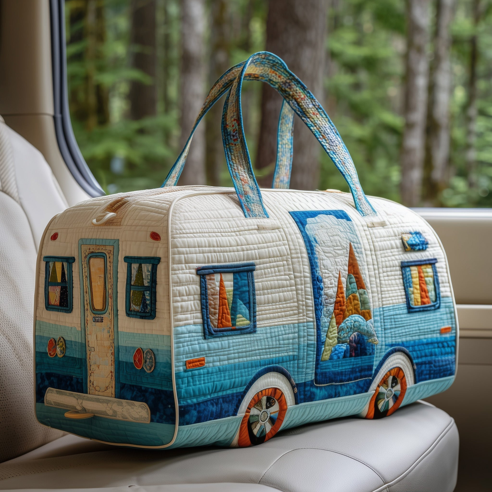 Vintage Camping Trailer Quilted Duffle Bag Blue Mountain Landscape Travel Bag Best Gift For Campers