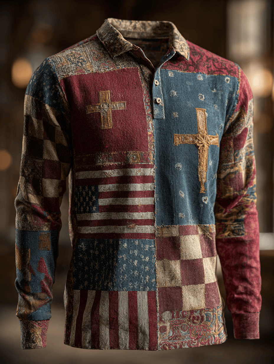 Vintage Checkered American Flag Long Sleeve Polo Shirt US Mens Clothing Patriotic Themed Gifts