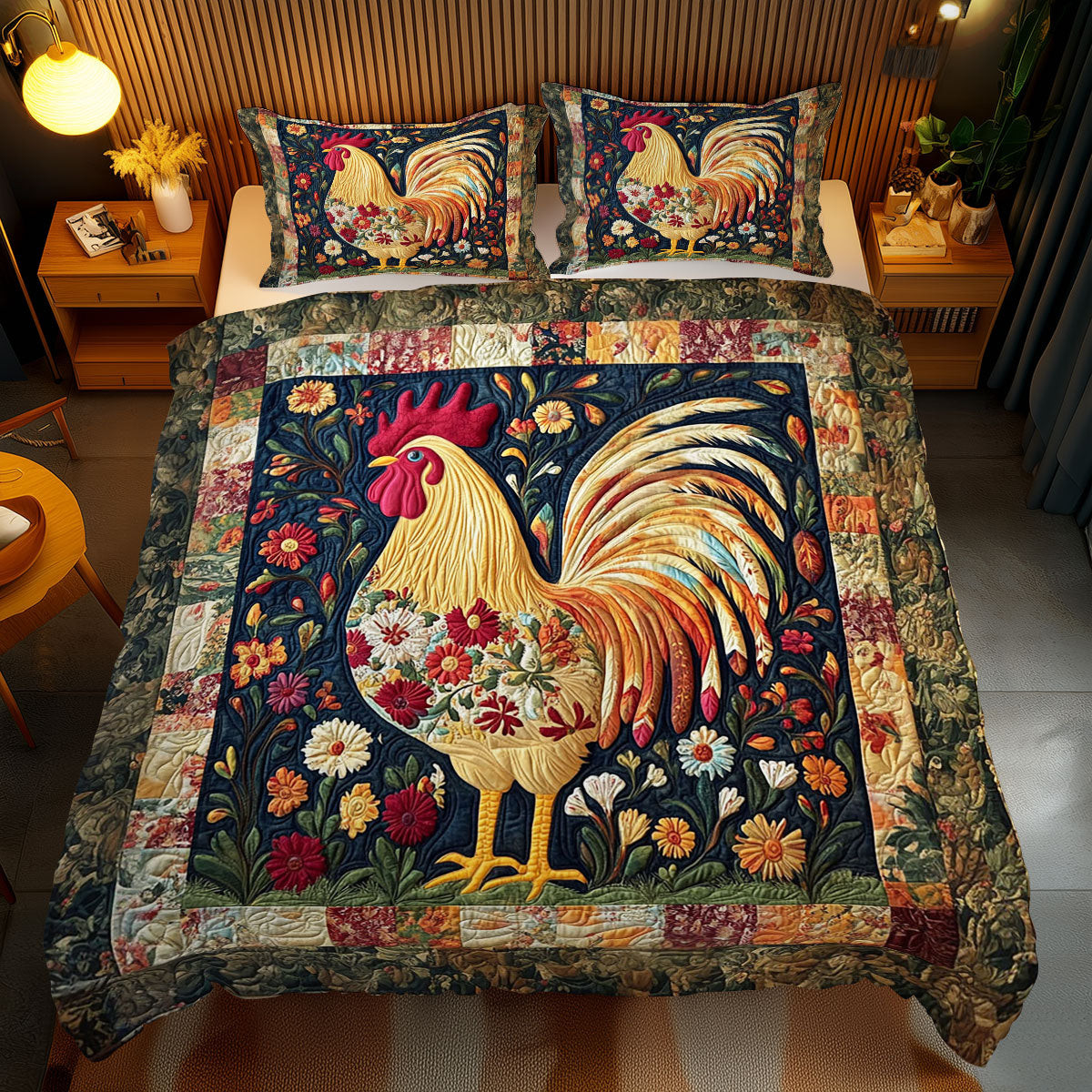 Vintage Chicken Holiday Christmas Quilted Bedding Set Best Christmas Gifts For Grandparents