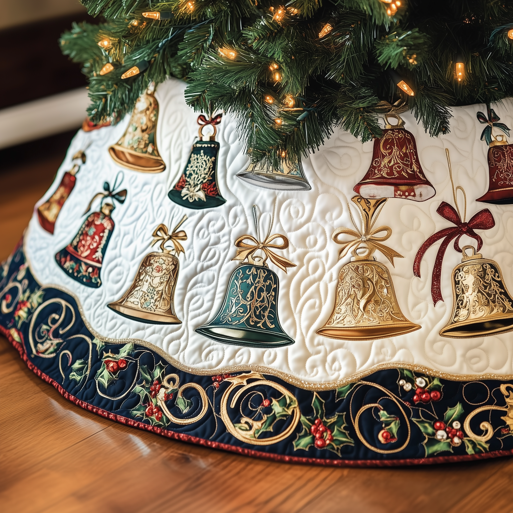 Vintage Christmas Bells Quilted Tree Skirt Best New Year Gift Merch