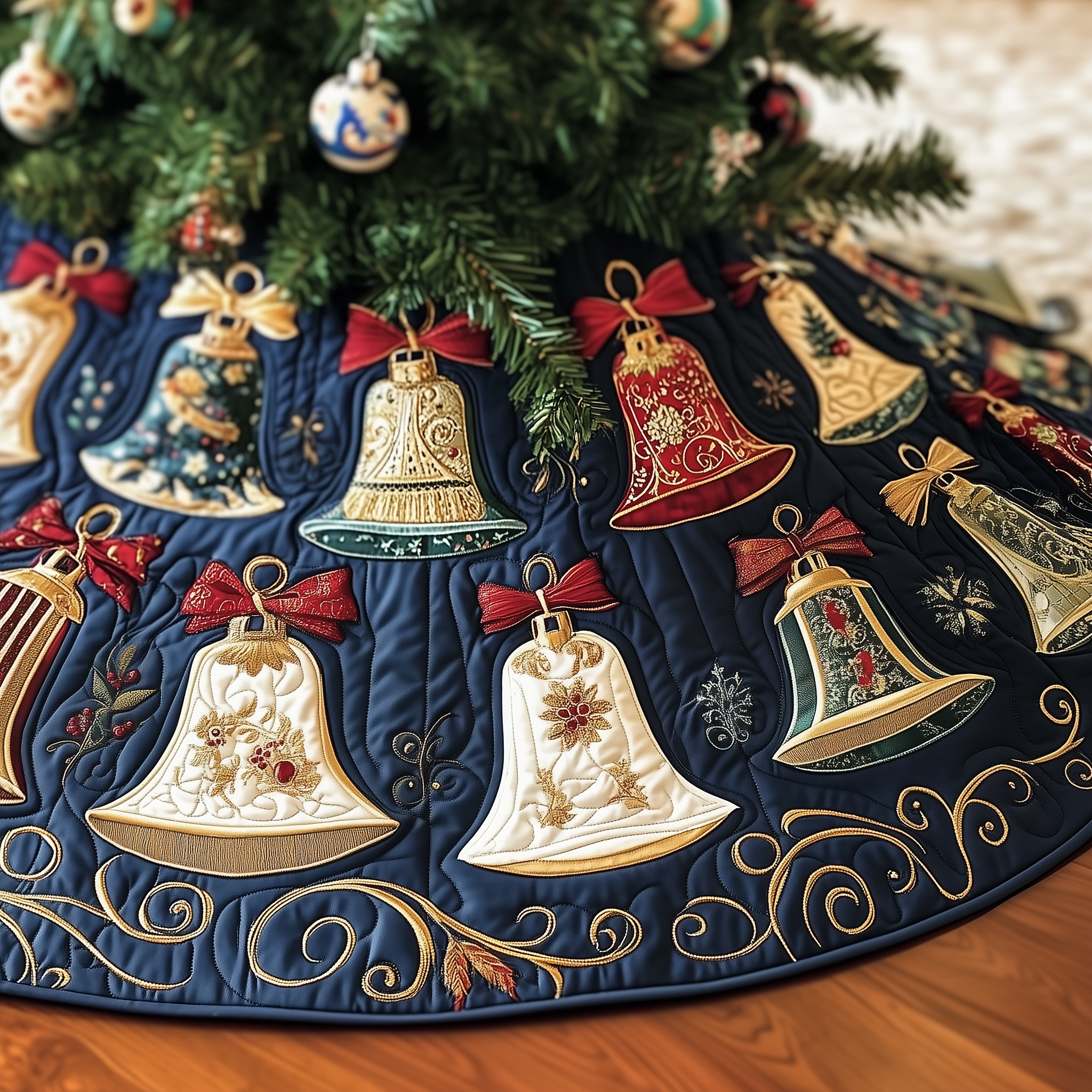 Vintage Christmas Bells Quilted Tree Skirt Special Birthday Gift Merch