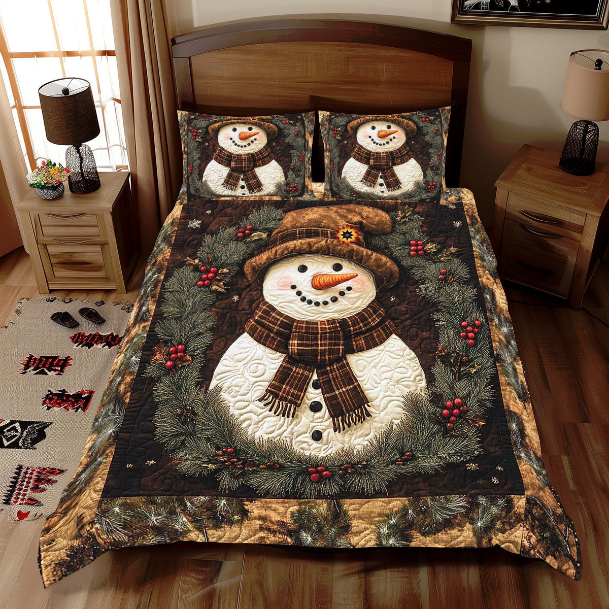 Vintage Christmas Snowman Holiday Xmas Quilted Bedding Set Romantic Christmas Gifts For Newlyweds