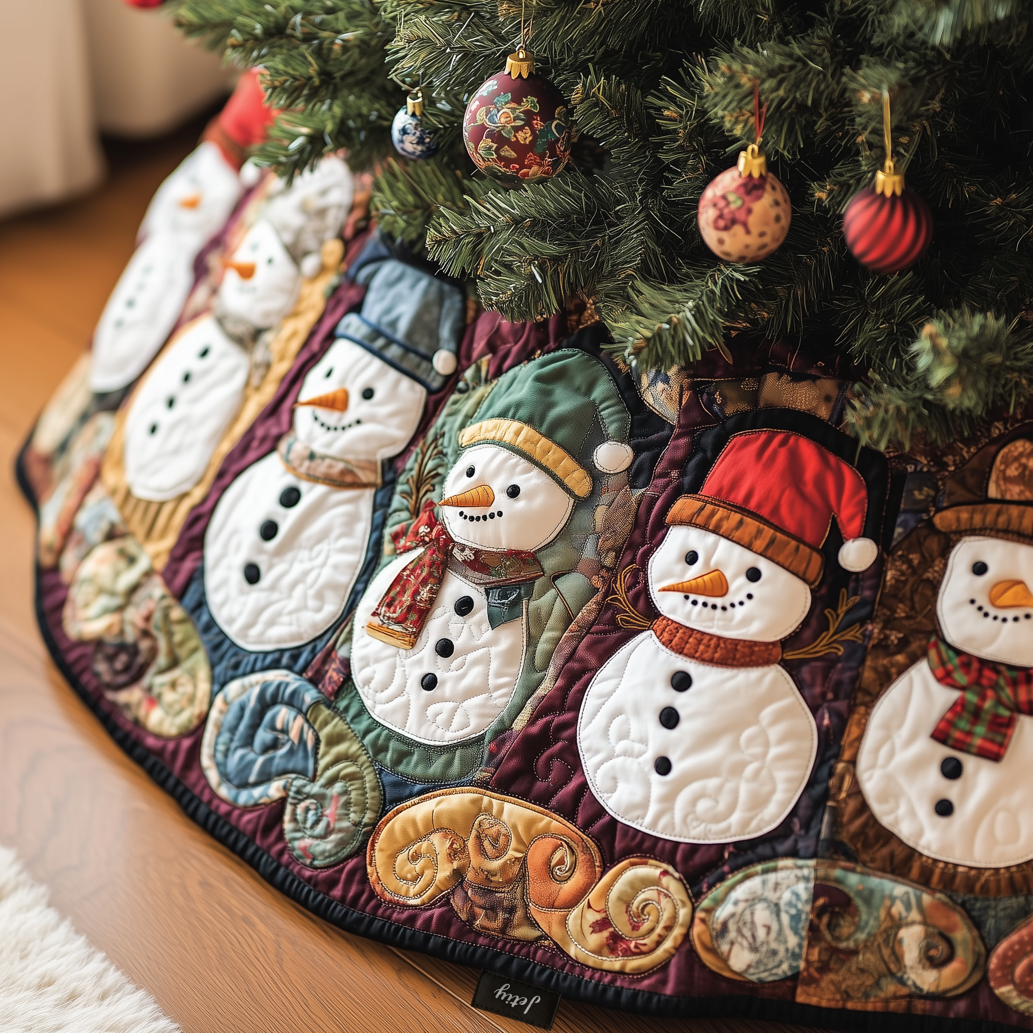Vintage Christmas Snowman Quilted Tree Skirt Joyful Holiday Season Gift Merch