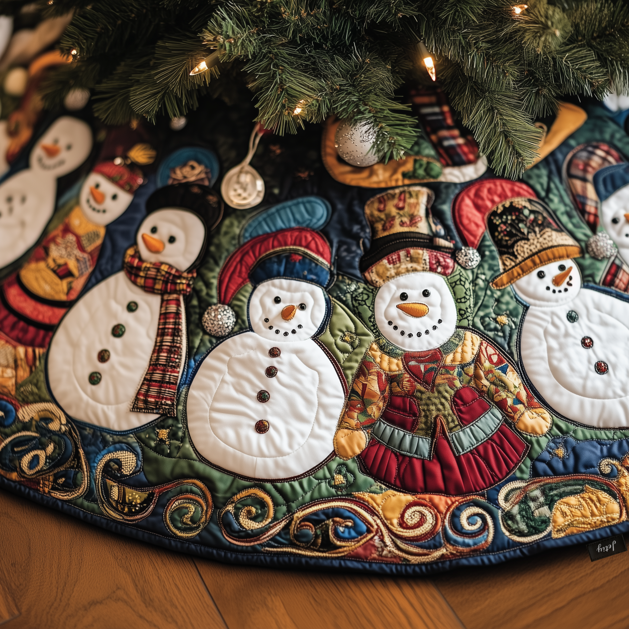Vintage Christmas Snowman Quilted Tree Skirt Lovely Gift Merch For Couples