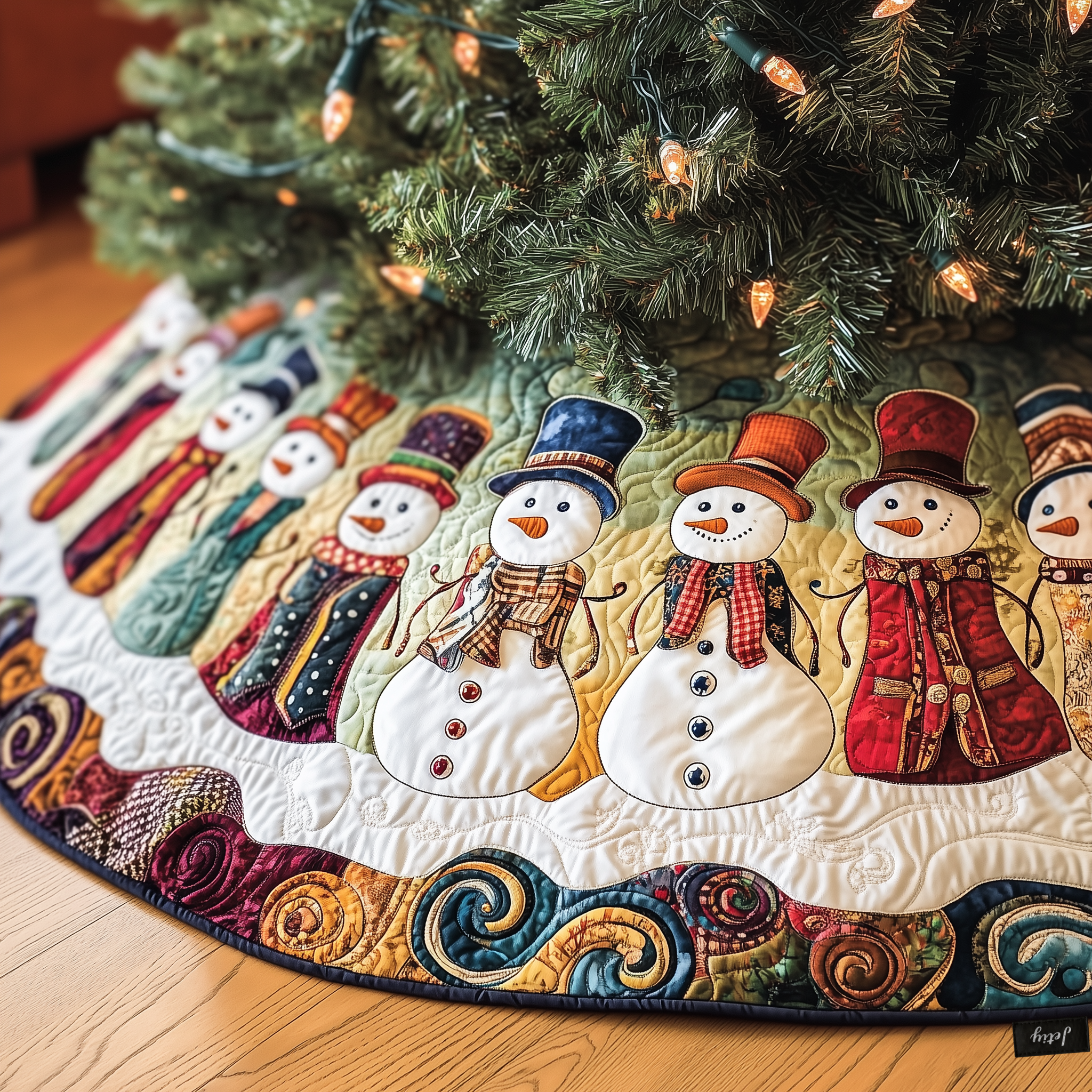 Vintage Christmas Snowman Quilted Tree Skirt Warm Gift Merch For Family