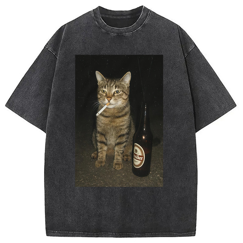 Vintage Cigarette Kitty Meme Washed T-Shirt Trendy Aesthetic Graphic Apparel Gifts For Sister
