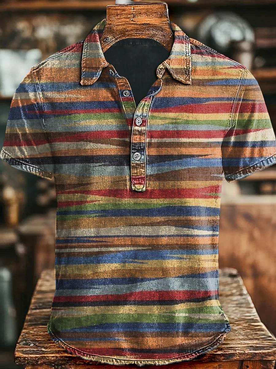Vintage Colorful Irregular Stripe Printed Casual Short Sleeve Polo Shirt Halloween Gift Ideas For Him
