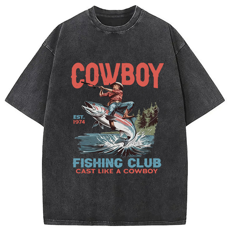 Vintage Cowboy Fish Washed T-Shirt Soft Comfortable Daily T Shirt Gifts For Friends