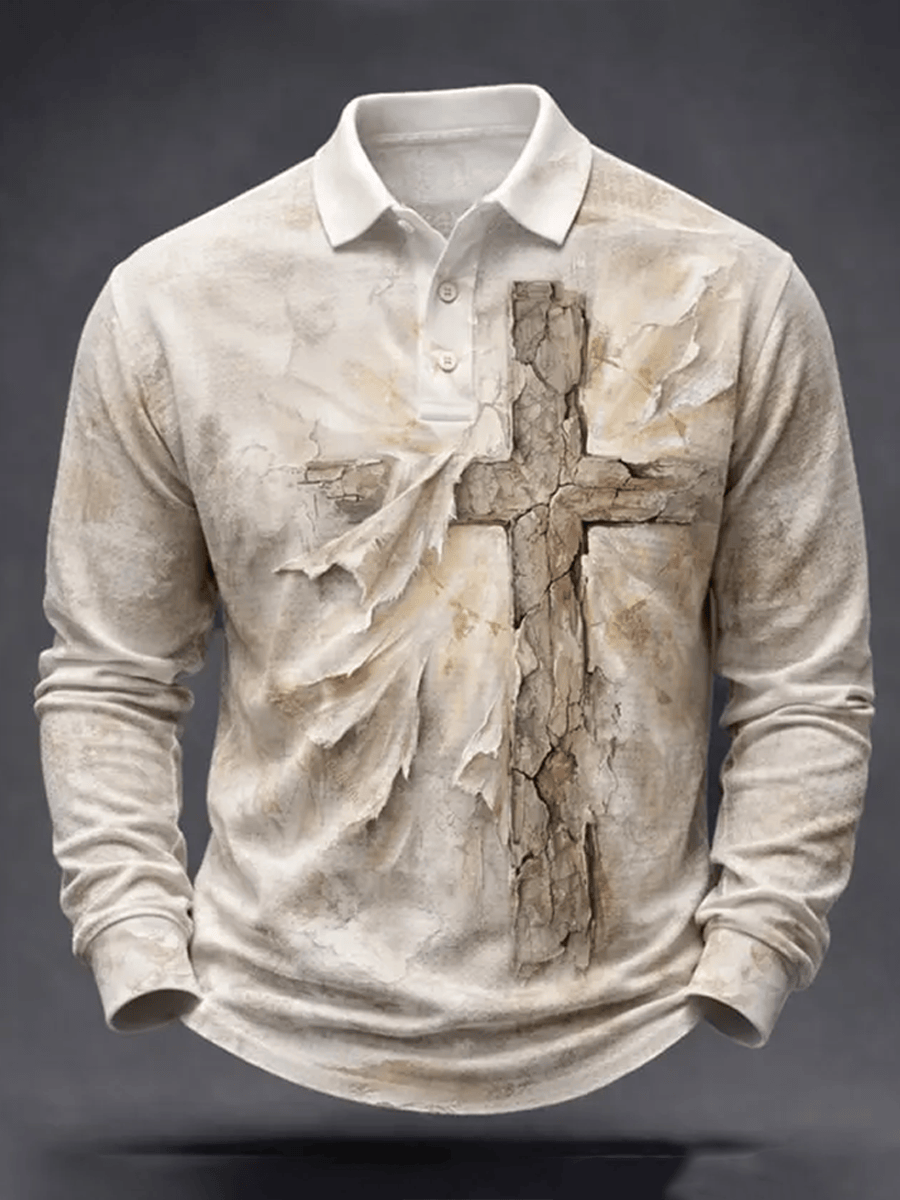 Vintage Cross Ripped Print Polo Long Sleeve Christian Cross Shirt Gift For Him