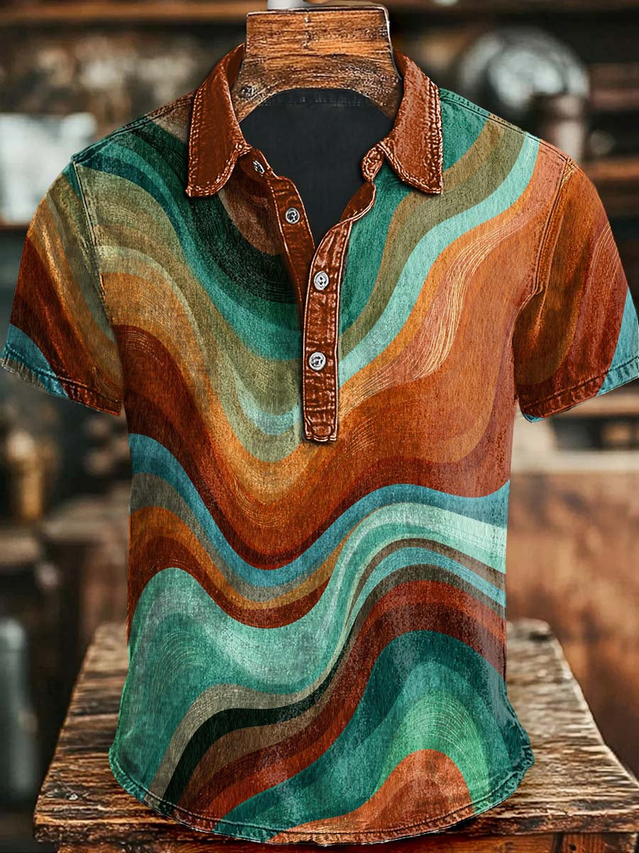 Vintage Desert Art Stripe Print Casual Short Sleeve Polo Shirt Halloween Present Ideas For Friends