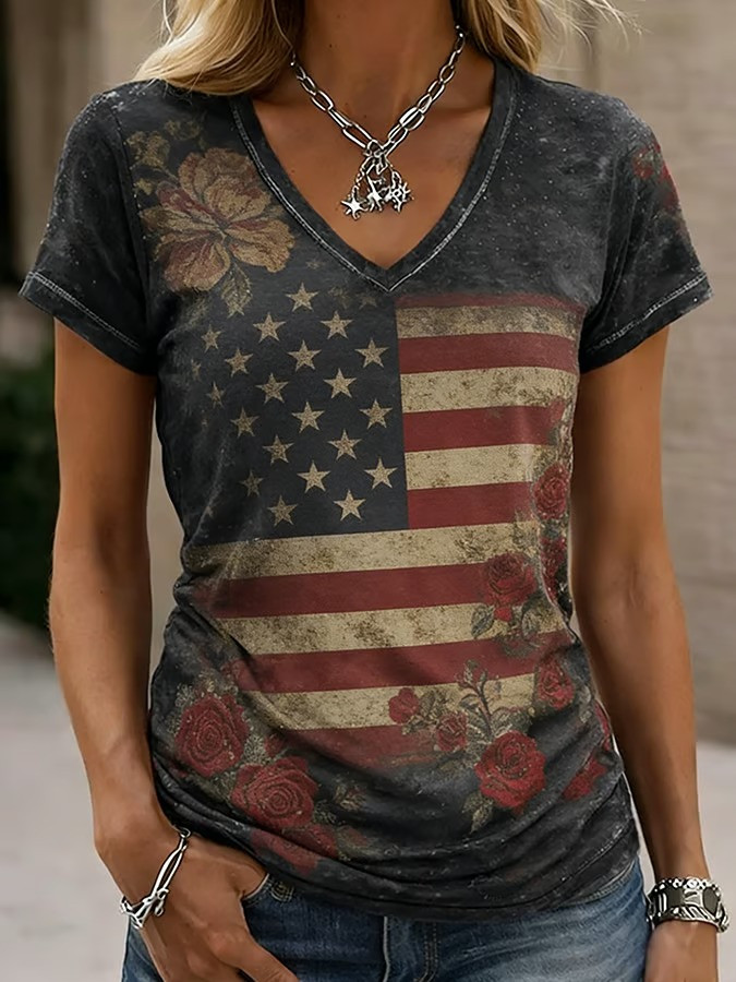 Vintage Distressed American Flag Rose V-Neck T-Shirt USA Patriotic Floral Best Gift For Her Mom