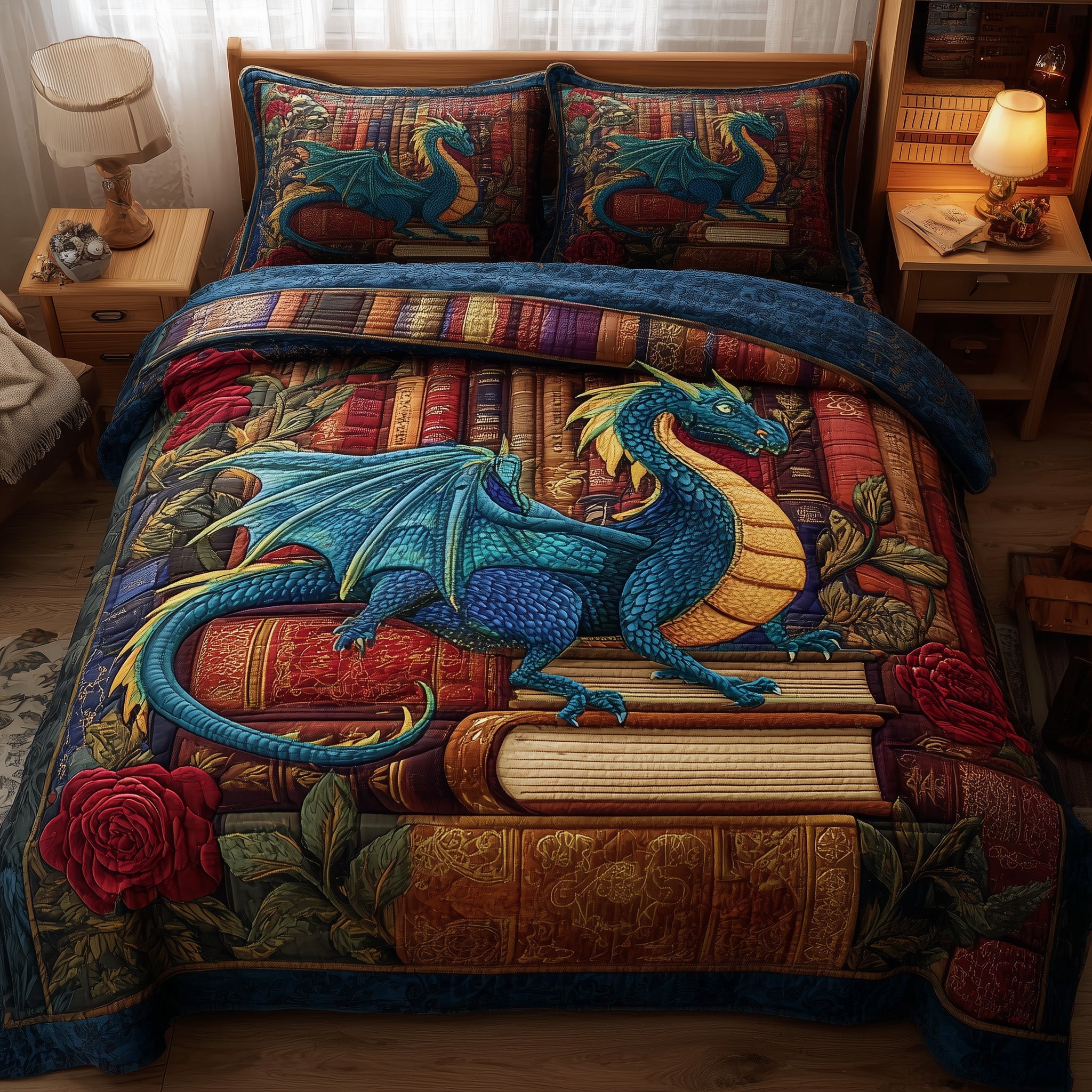 Vintage Dragon Quilted Bedding Set Duvet Cover Bedspread Dragon Themed Gifts For Adults