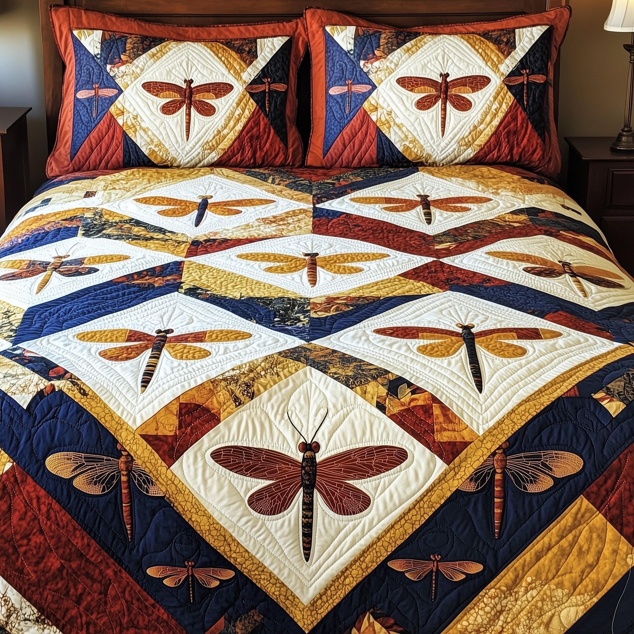 Vintage Dragonfly Patchwork Quilted Bedding Set Duvet Cover Bed Sheet Cool Gifts For Dragonfly Lovers