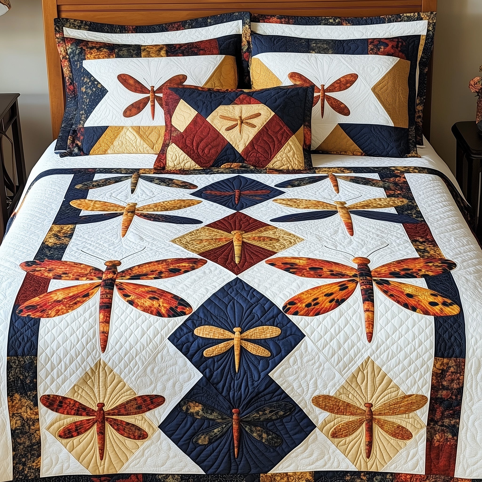 Vintage Dragonfly Patchwork Quilted Bedding Set Duvet Cover Bed Sheet Gift For Someone Who Loves Dragonflies