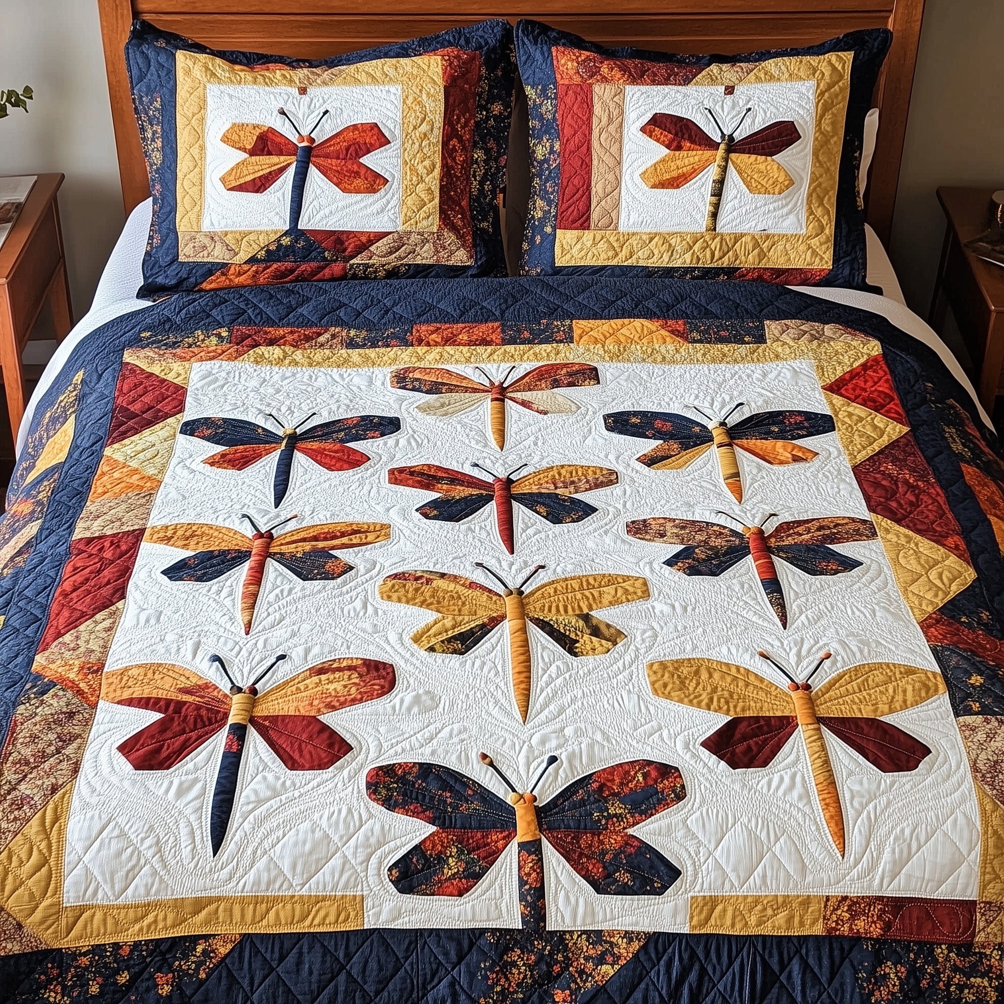 Vintage Dragonfly Patchwork Quilted Bedding Set Duvet Cover Bed Sheet Presents For Dragonfly Lovers Women