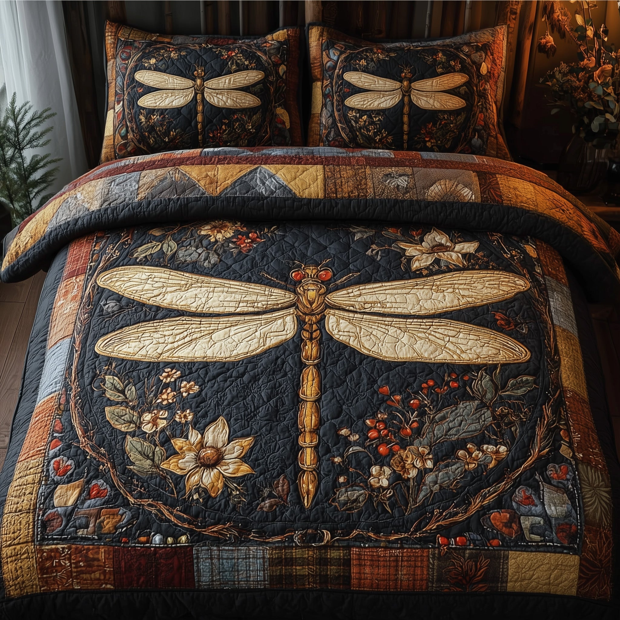 Vintage Dragonfly Quilted Bedding Set Linen Blend