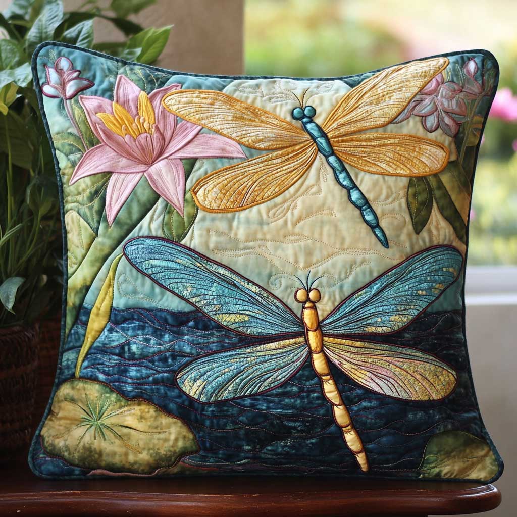 Vintage Dragonfly Water Lily Quilt Pillow Case Luxury Pillowcase Gift Set for Mom or Grandma