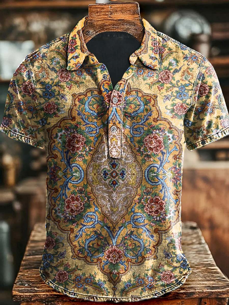 Vintage Ethnic Floral Print Casual Short Sleeve Polo Shirt Halloween Present Ideas For Lovers