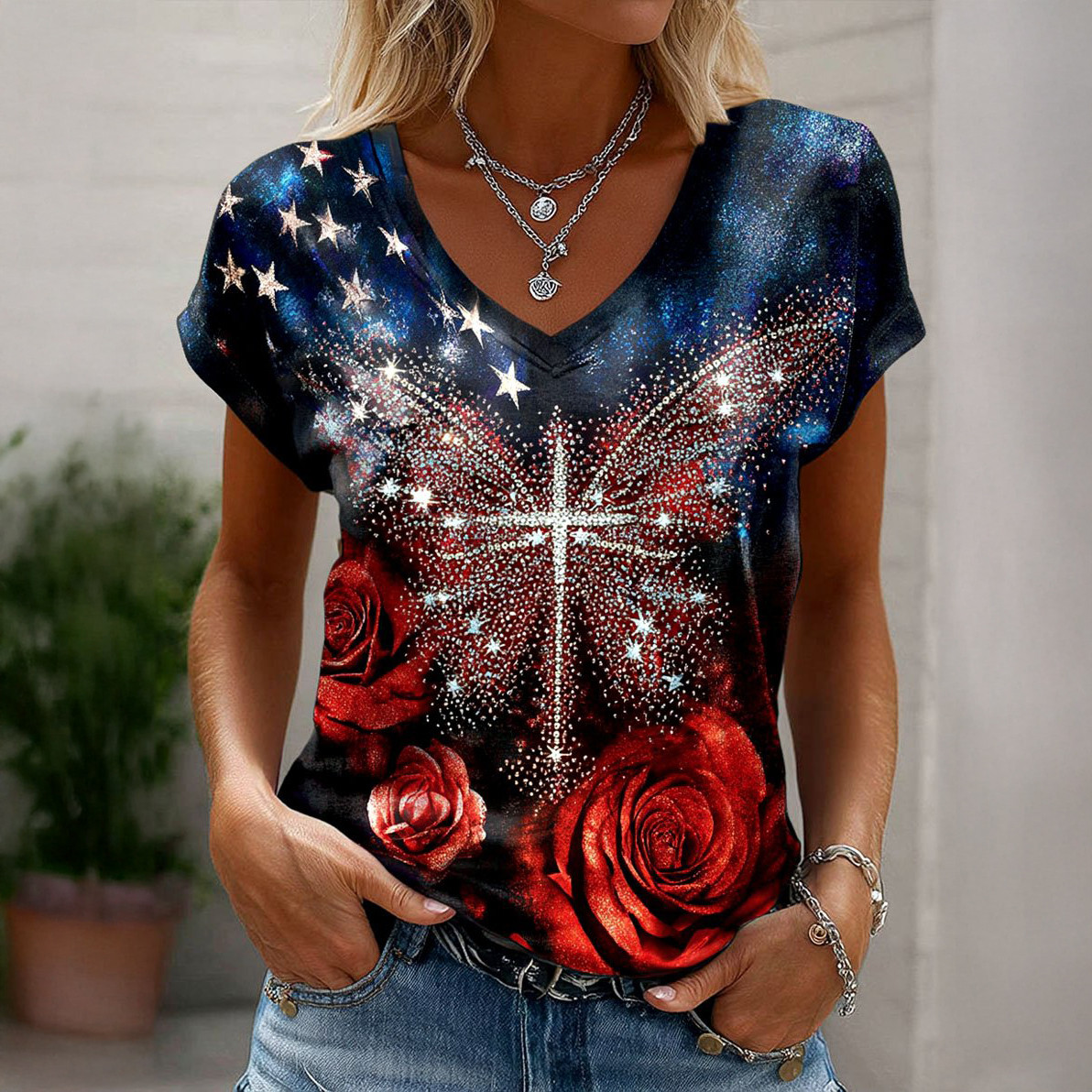 Vintage Faith American Founding 250th Anniversary V-Neck Shirt 1776 2026 Merch Gift For Her