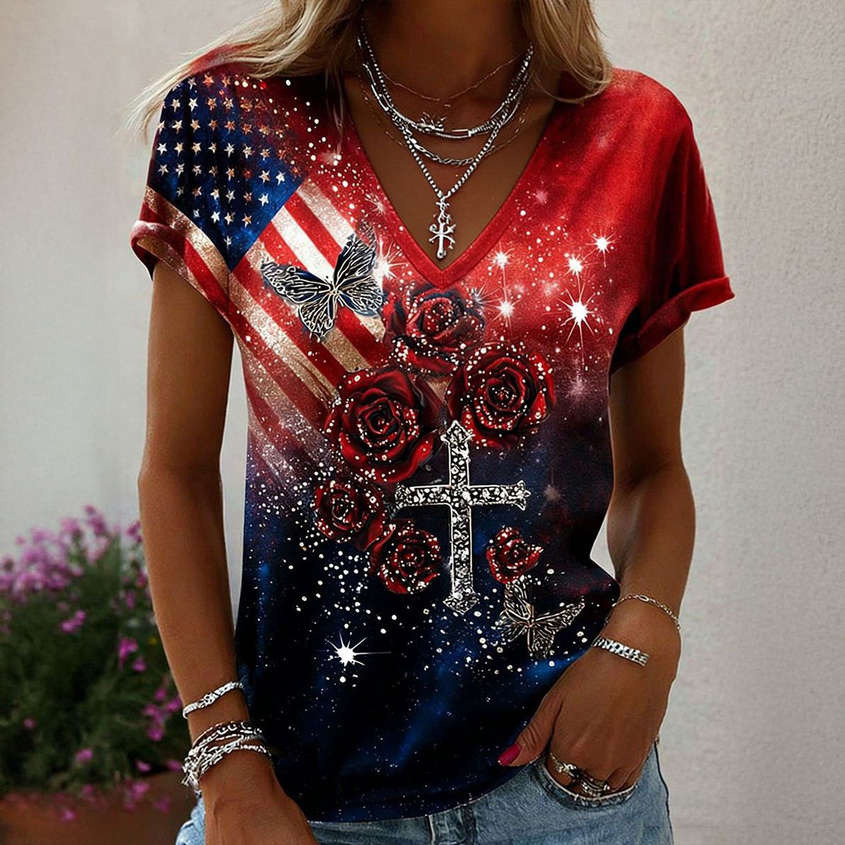 Vintage Faith American Founding 250th Anniversary V-Neck Shirt Fourth Of July Shirt