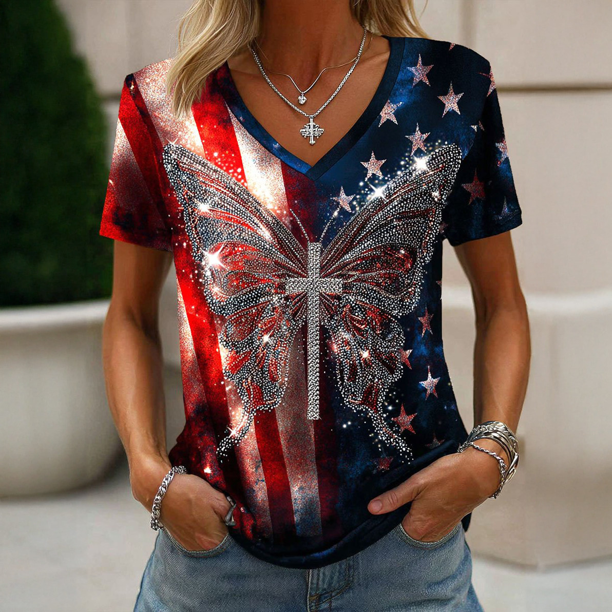 Vintage Faith American Founding 250th Anniversary V-Neck Shirt Patriotic Butterfly Shirt
