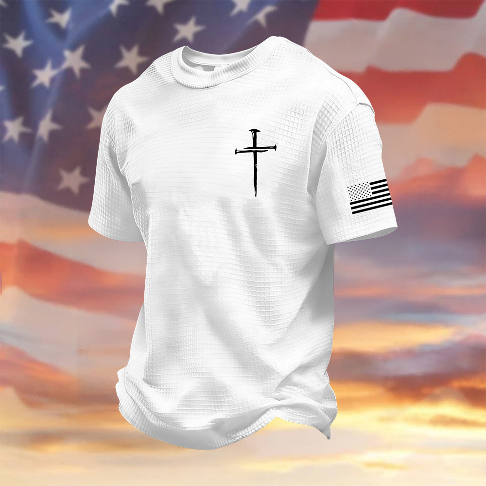 Vintage Faith Cross Flag T-Shirt Patriotic Clothes Present Idea For Christians