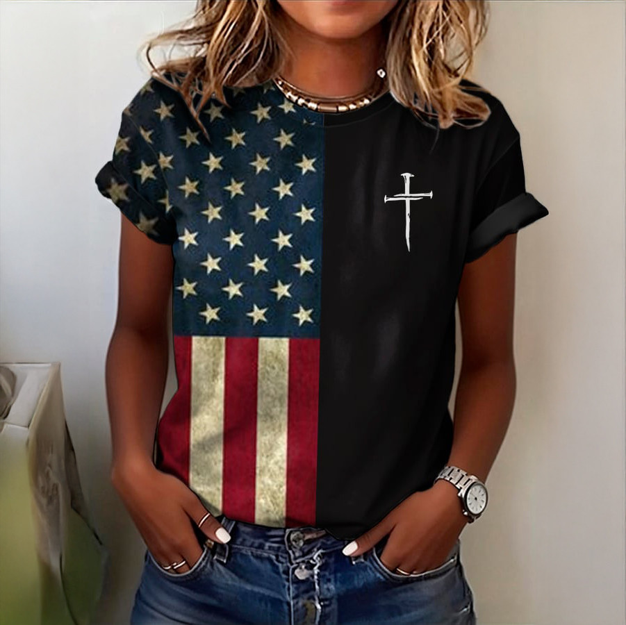Vintage Flag & Faith Patriotic T-Shirt July 4 Outfits Cool Present For Girlfriend