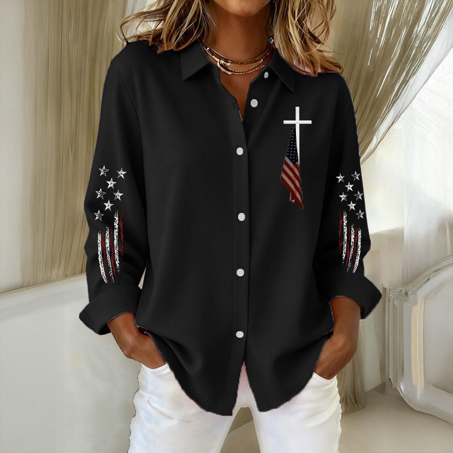 Vintage Flag And Cross Graphic Button Up Long Sleeve Shirt Independence Day Apparel