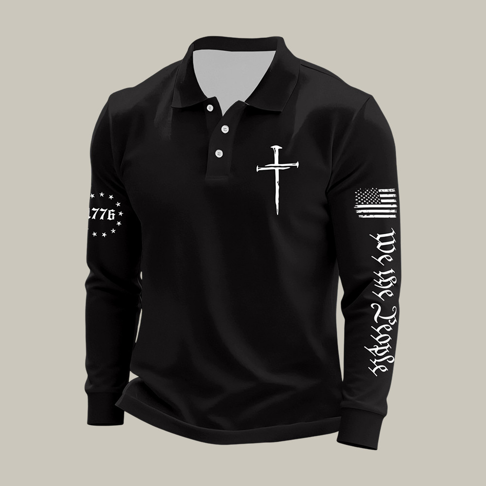 Vintage Flag Faith Cross We The People Polo Long Sleeve Shirt Independence Day 2026 Clothing