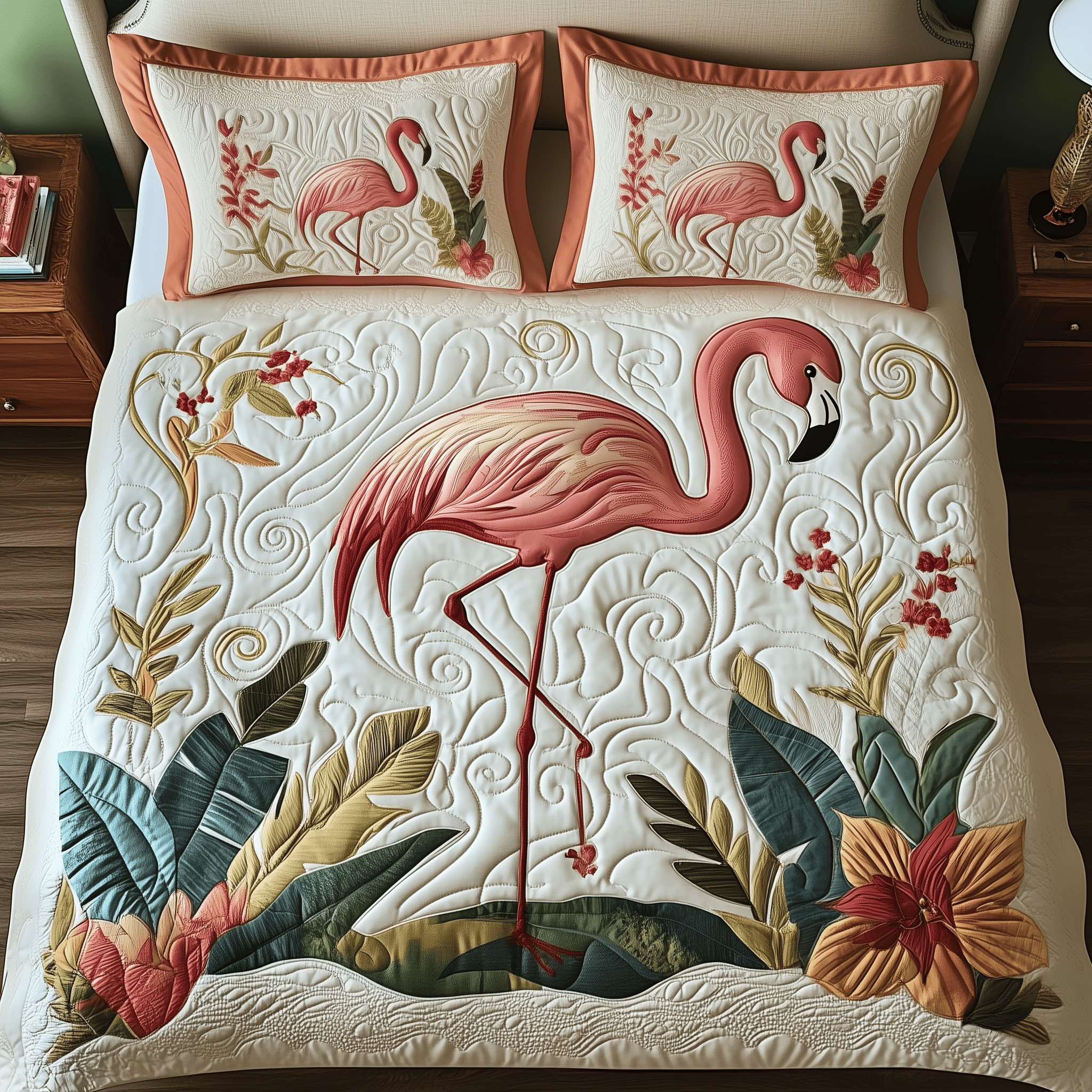 Vintage Flamingo Quilted Bedding Set Xmas Bedding Set Romantic Christmas Gifts For Parents