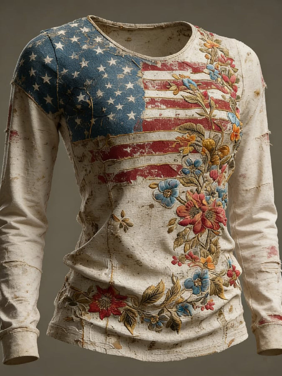 Vintage Floral American Flag Long Sleeve Shirt Patriotic USA Clothes Gift For Women