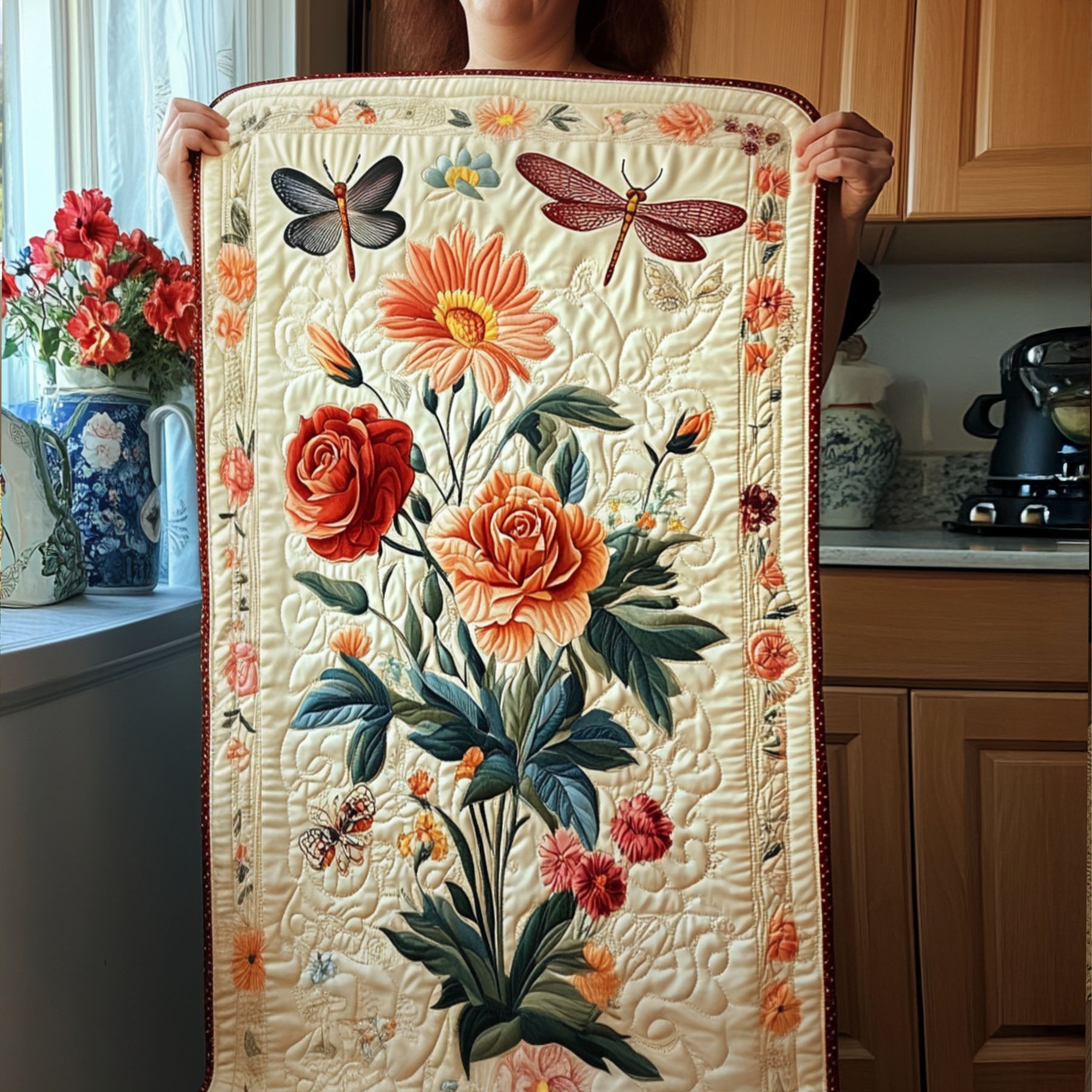 Vintage Floral Charm Quilted Table Runner Kitchen Table Decor Ideas Unique Dragonfly Gifts