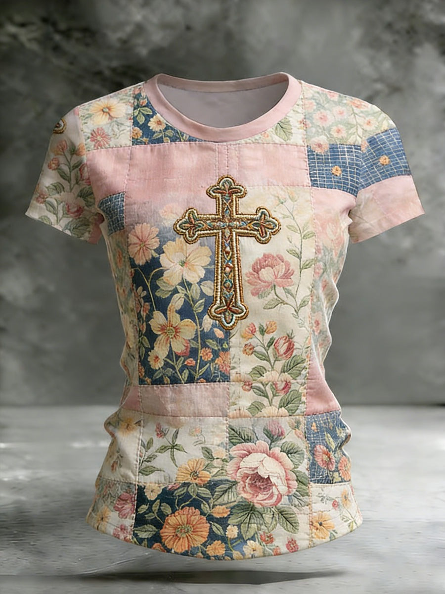 Vintage Floral Patchwork Cross Christian T-Shirt Retro Faith Women Tee