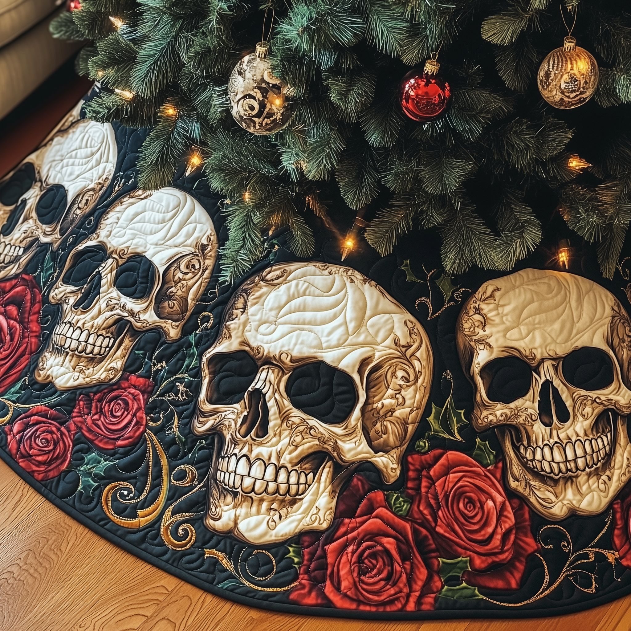 Vintage Floral Skull Quilted Tree Skirt Charming Holiday Home Merch