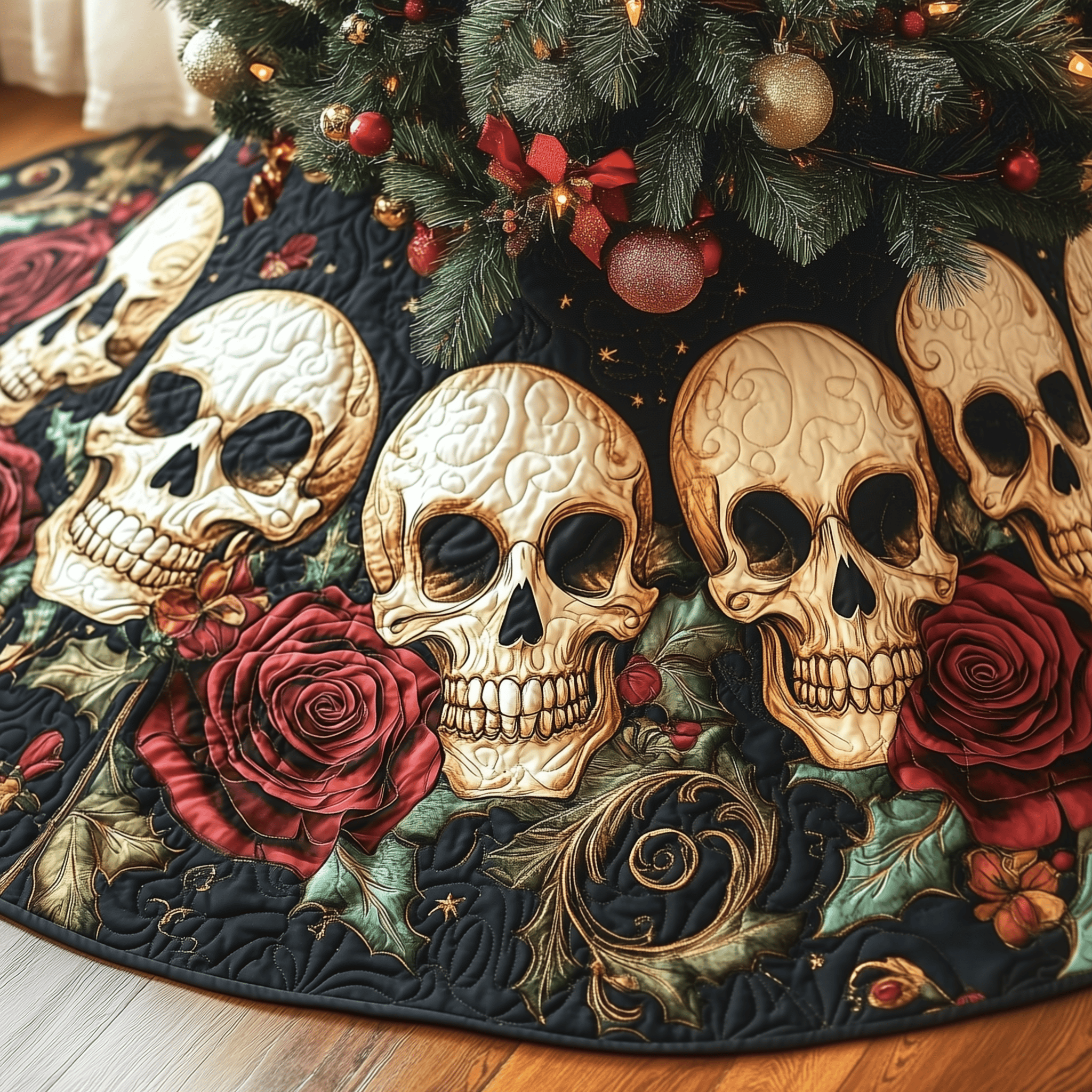 Vintage Floral Skull Quilted Tree Skirt Christmas Tree Skirt Best Christmas Gifts For My Wife