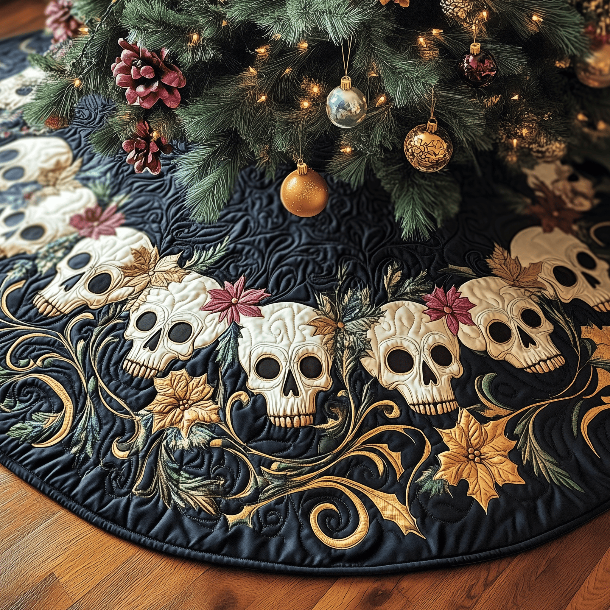 Vintage Floral Skull Quilted Tree Skirt Christmas Tree Surround Last Minute Christmas Gifts For Mom