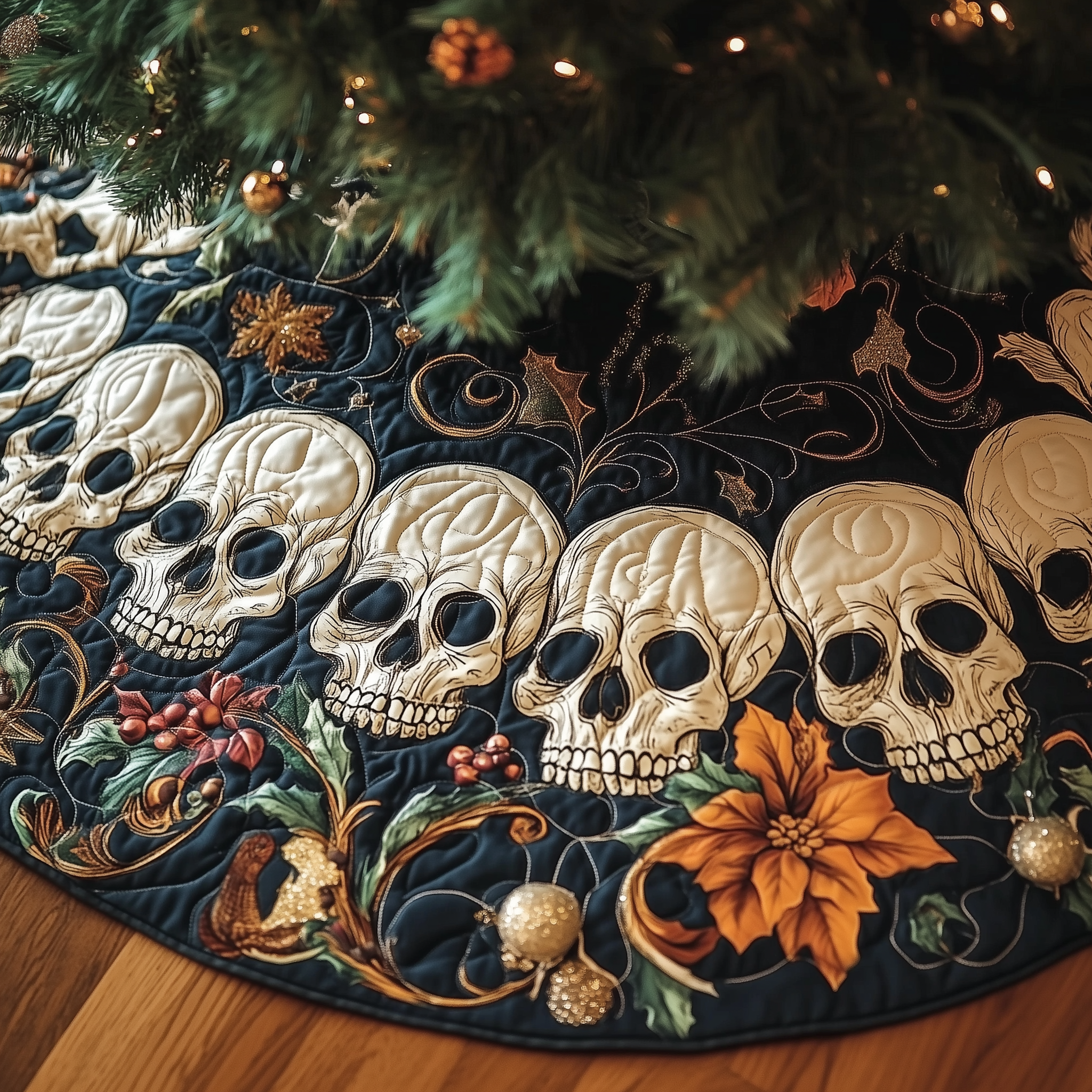 Vintage Floral Skull Quilted Tree Skirt Perfect Home For Christmas Tree Merch