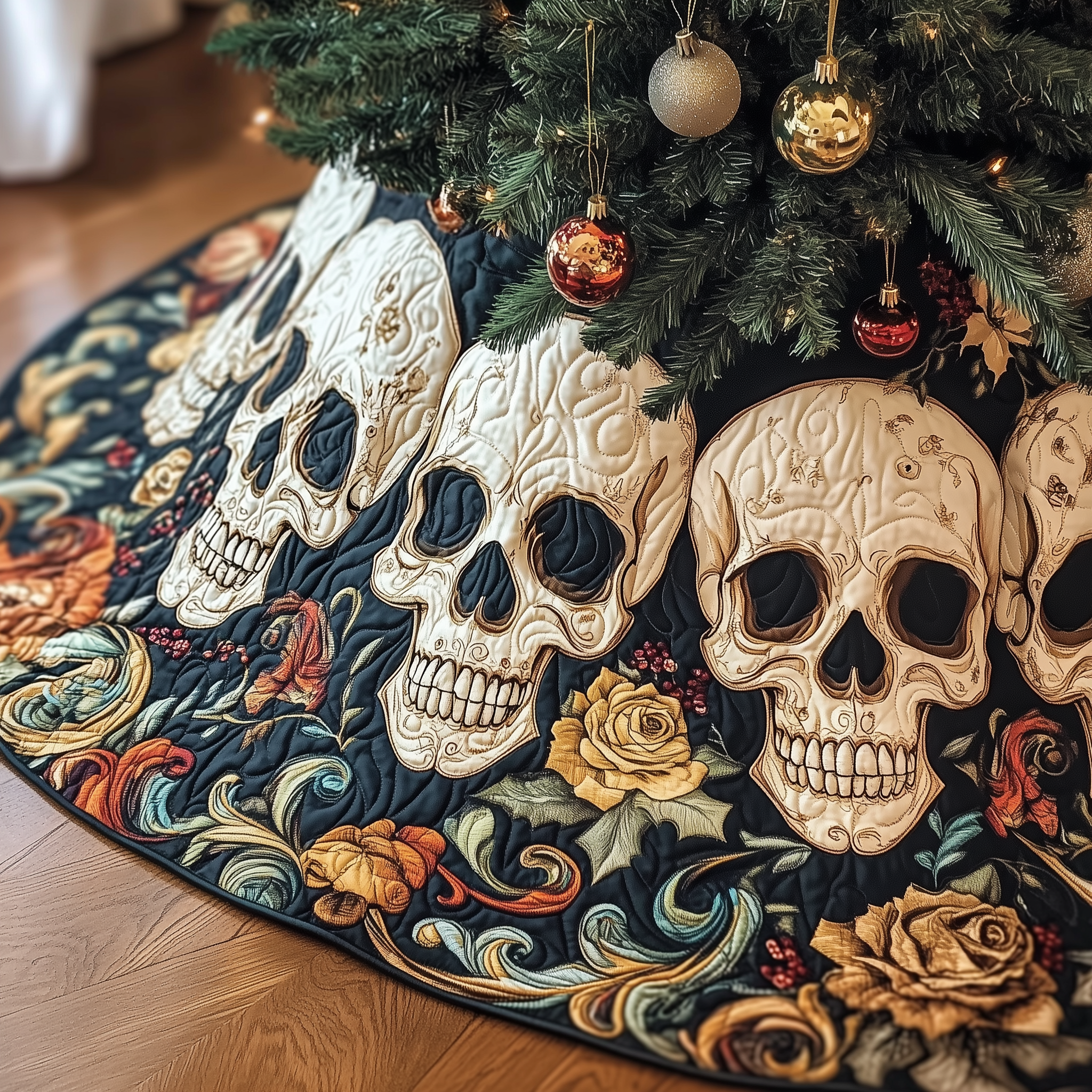 Vintage Floral Skull Quilted Tree Skirt Warm Winter Home Merch