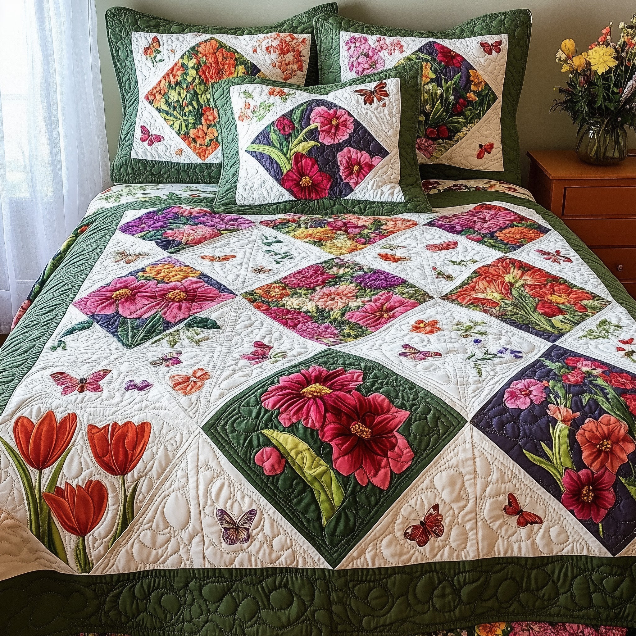 Vintage Flower Patchwork Quilted Bedding Set Duvet Cover Bed Sheet Mummy Presents From Daughter