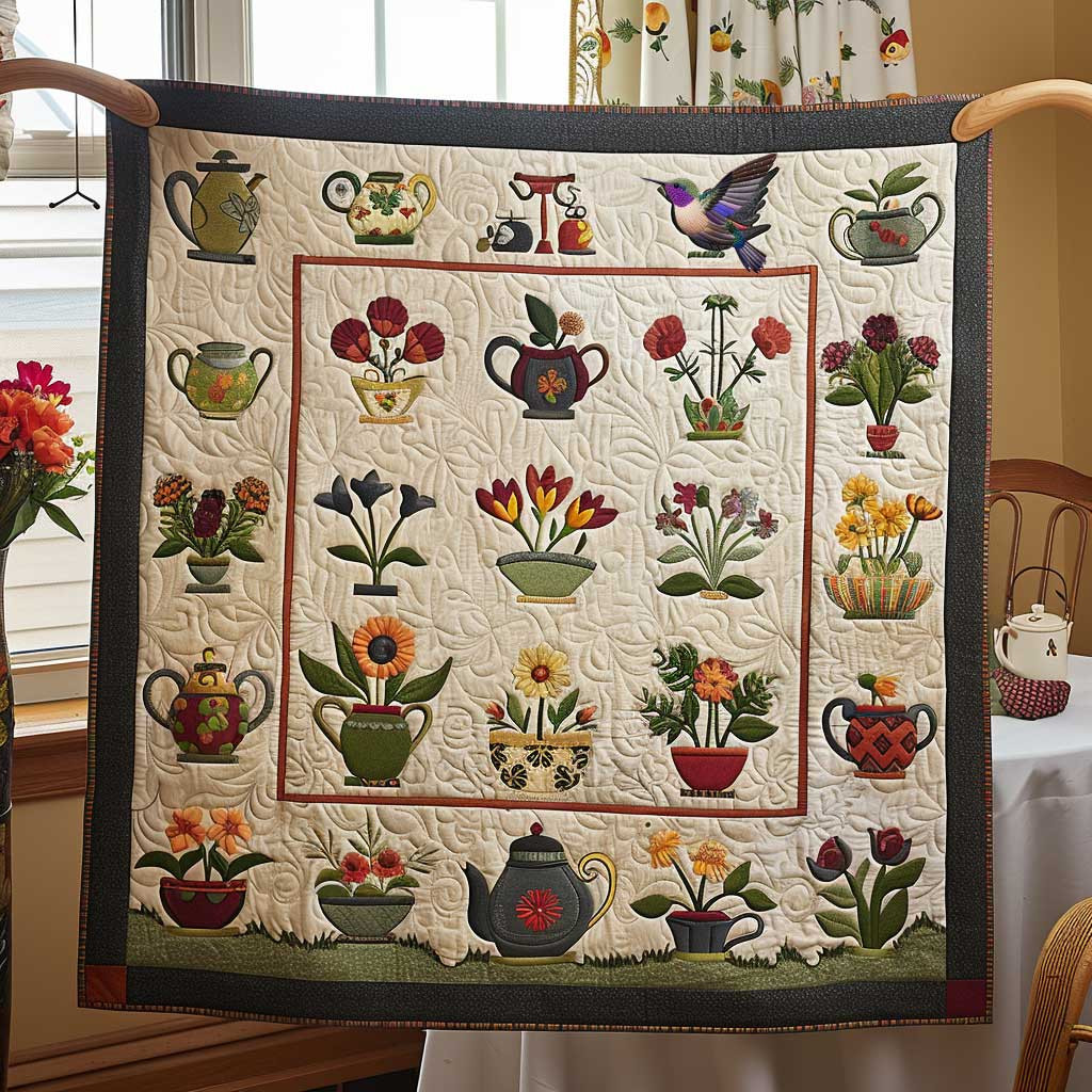 Vintage Flower Pots Collection Xmas Quilted Blanket Blanket Coolf Gifts For Married Couples