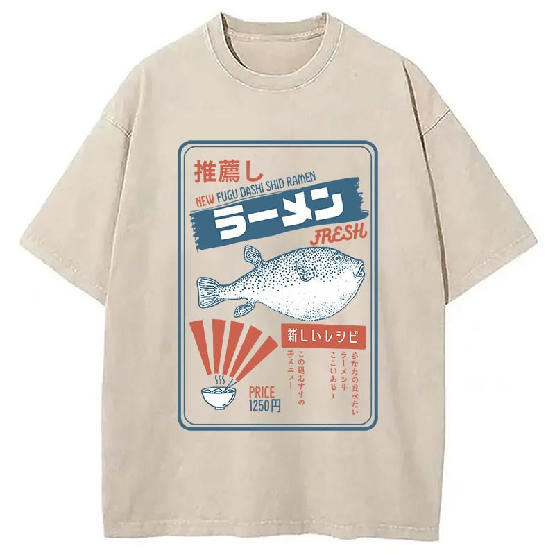 Vintage Fugu Puffer Fish Ramen Washed T-Shirt Retro Streetwear Graphic Top Gifts For Her