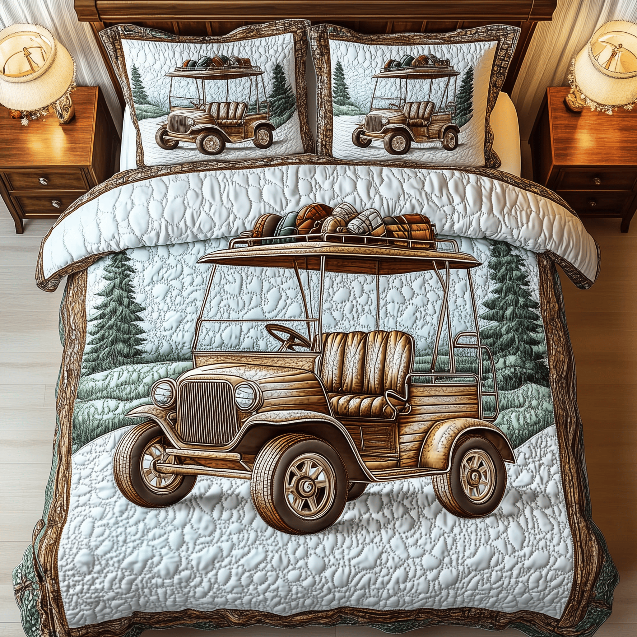 Vintage Golf Cart Quilted Bedding Set Christmas Presents For Dad