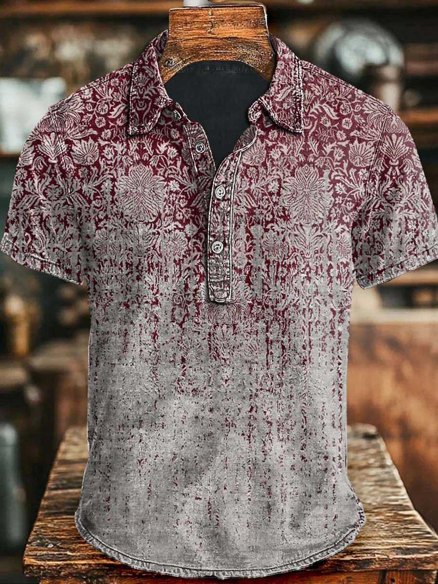 Vintage Gradient Floral Print Short Sleeve Polo Shirt Halloween Day Present Ideas For Men