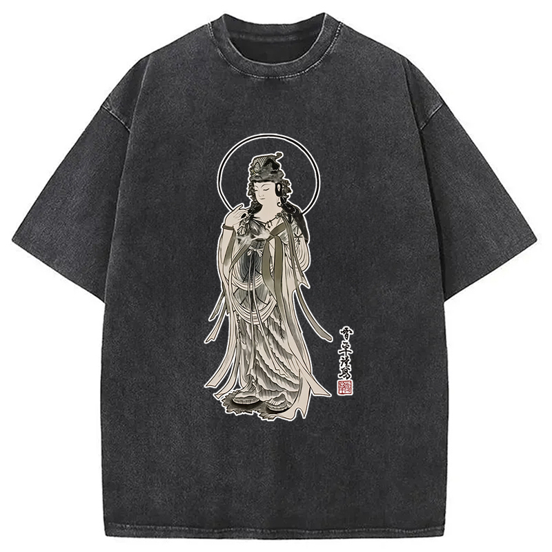 Vintage Guanyin Bodhisattva Washed T-Shirt Soft Comfortable Daily T Shirt Gifts For Her